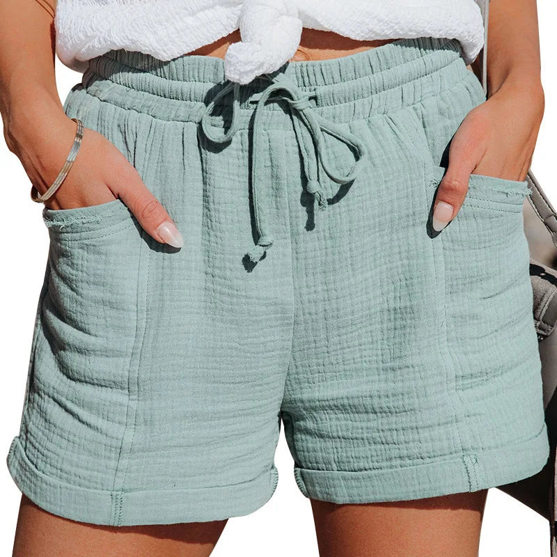 Summer Women's Shorts High-waist Fashion Casual Three-quarter Trousers Sports Tie Loose Versatile Comfortable Black Hot Pants