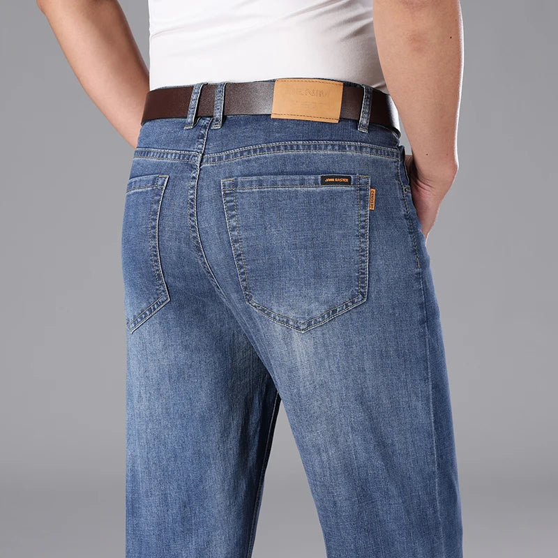 2026 Summer Brand Clothing Men's Straight Loose Lightweight Jeans Classic Badge Business Casual Thin Cotton Stretch Pants