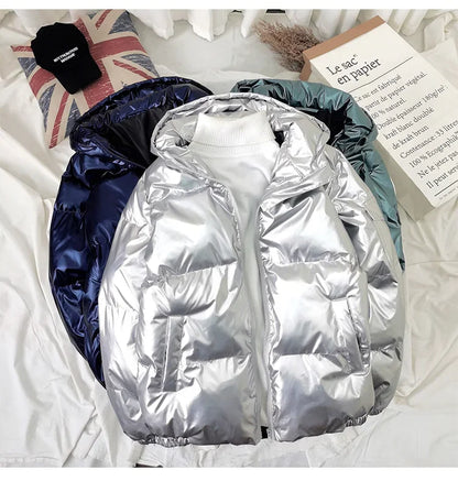 Streetwear Fashion Bright Silver Puffer Jackets for Men Thicken Winter Mens Coats Casual Hooded Cotton Wadded Heated Jacket Men