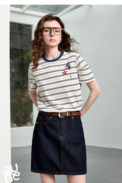 Women's Nautical Stripe T-Shirt – Embroidered Sailboat Summer Top