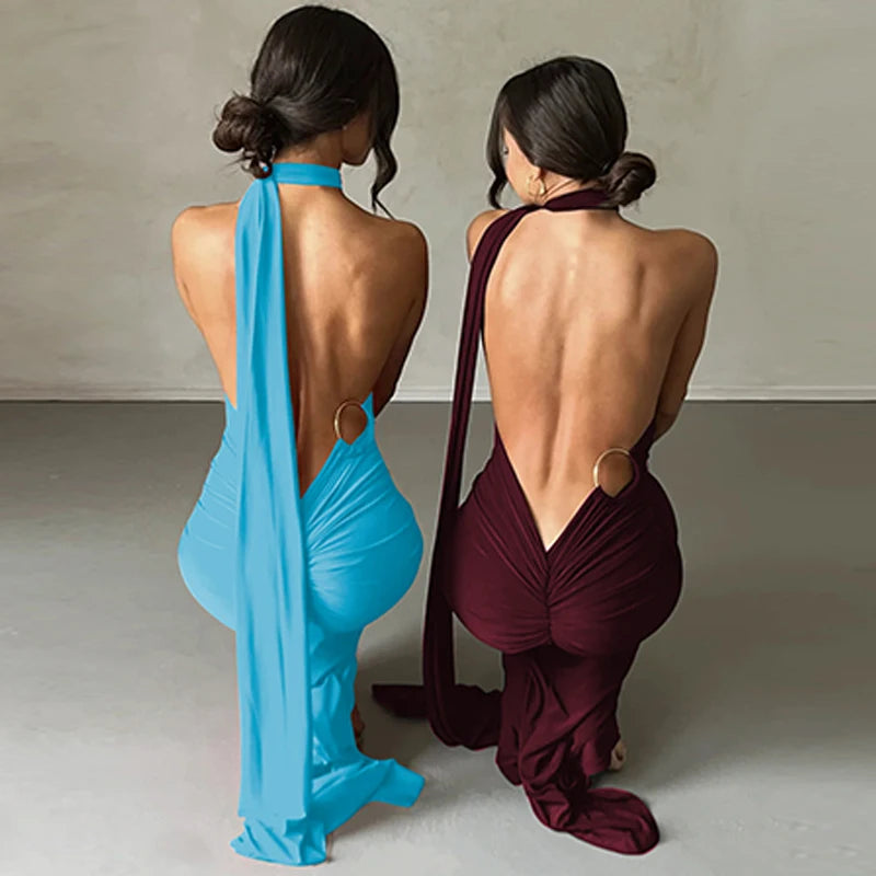Hugcitar One Shoulder Backless Adjustable Scarf Loop Ruched Sexy Maxi Dress Women Elegant Y2K Streetwear Festival Outfit