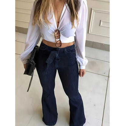 Y2k Jeans Women Jeans Trendy Elastic Waistband Flare Pants Wide Leg Trousers Stylish New Design Casual