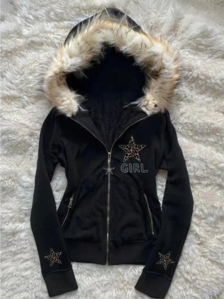 Vintage American Retro Solid Hooded Hoodie Women Winter Faux Fur Lined Zip Up Sweatshirt Cozy Fleece Pullover Streetwear Jacket