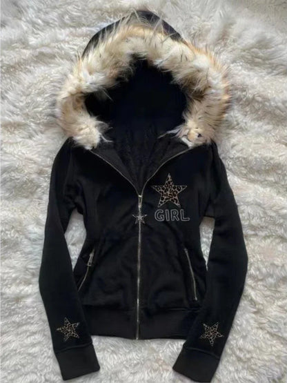 Vintage American Retro Solid Hooded Hoodie Women Winter Faux Fur Lined Zip Up Sweatshirt Cozy Fleece Pullover Streetwear Jacket