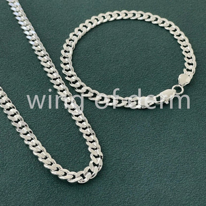 50-60cm 925 Sterling Silver 7mm Men's Cuban Sideways Necklace Bracelet Set Luxury Quality Jewelry Accessories
