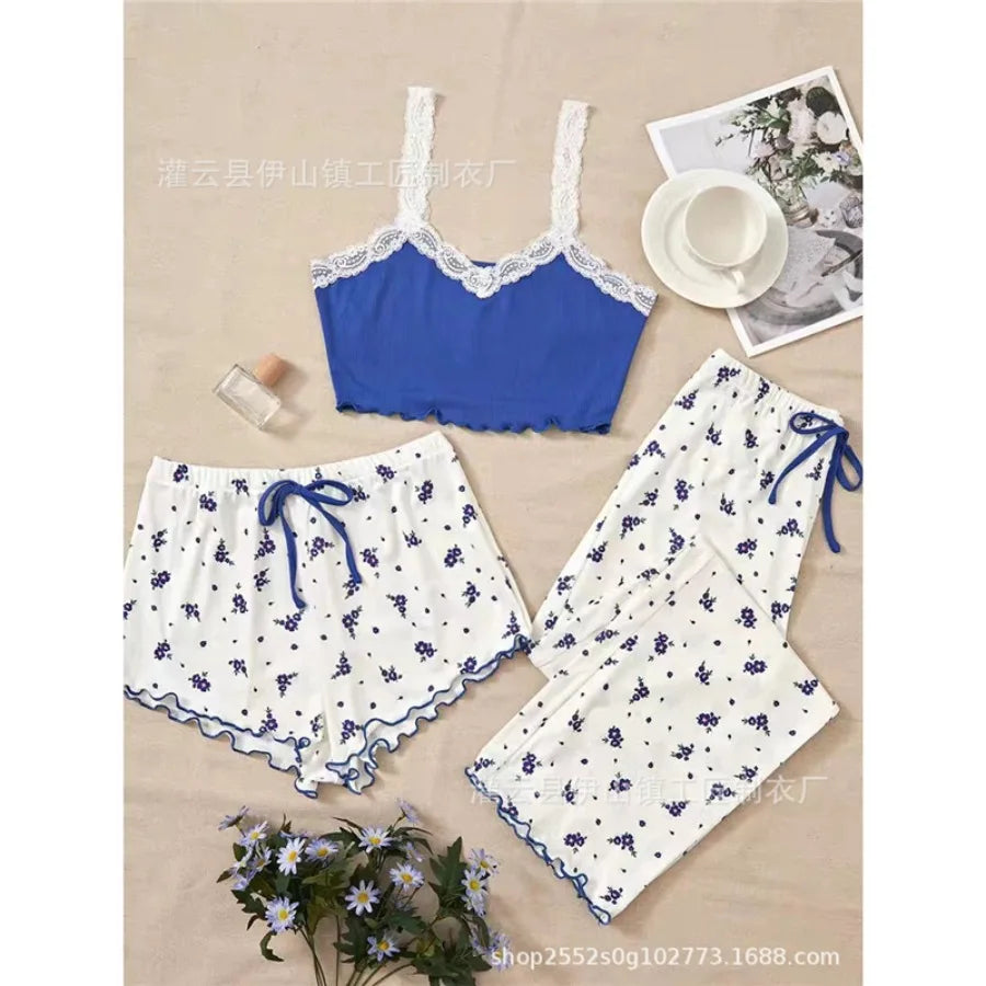 New sexy flower pajamas, women's suits, summer thin trousers, cute home clothing, three-piece suits, outerwear, fashion