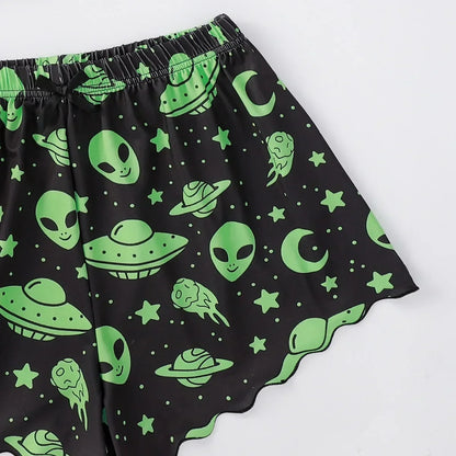 Sexy Alien Print Sling Sleepwear Women's Pajamas Set V-Neck Pyjamas Female Homewear Sleeveless Cute  Top And Shorts