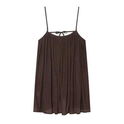 TFMLN Women Round Neck Pleated Sling Dresses Summer New Sleeveless Loose Fit Backless Solid Dress Fashion Holiday Casual Clothes