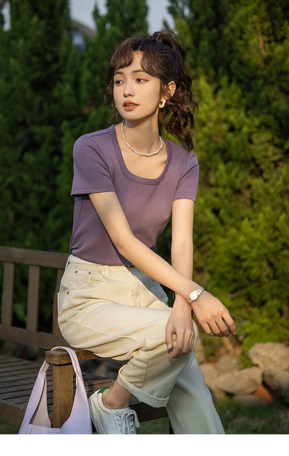Women's Square-Neck T-Shirt – Elegant Cotton Short-Sleeve Top