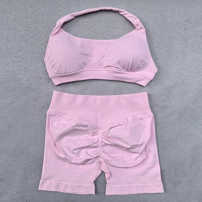Shorts Set 2 Pieces Seamless Yoga Set Workout Tracksuit Women Halter Sport Bra And Low Waist Scrunch Bum Gym Shorts Suits
