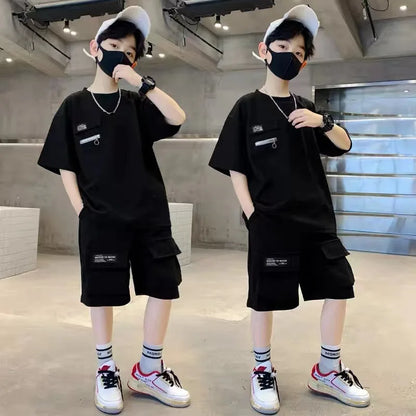 Summer Boys Sets Kids Sports Suit New Fashion Outfit Children's Short-Sleeved Top Shorts 2 Pieces 2025 Teenage Casual Clothes