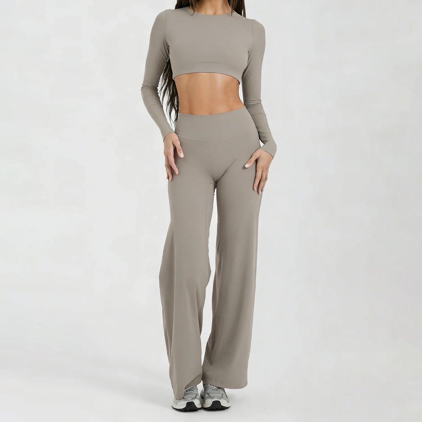 Running Sportswear Women 2 Piece Set Short Cropped Long Sleeve Top Straight Leg Yoga Pants Breathable Quick Dry Gym Suit