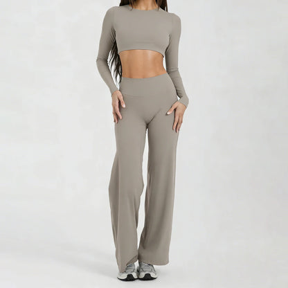 Running Sportswear Women 2 Piece Set Short Cropped Long Sleeve Top Straight Leg Yoga Pants Breathable Quick Dry Gym Suit
