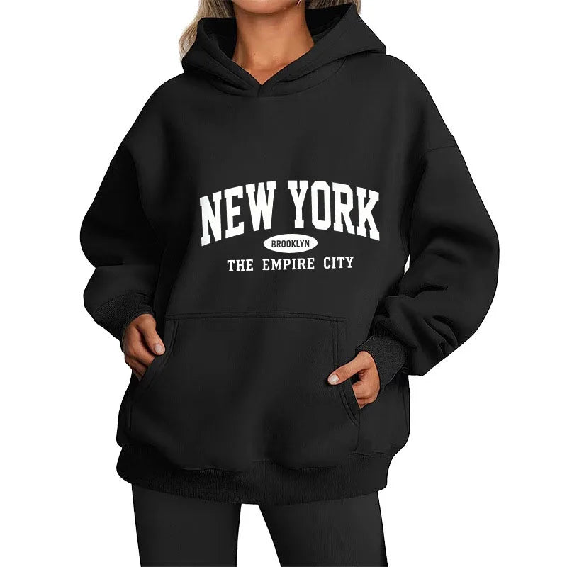 Women NEW YORK Brooklyn Letter Print Hoodie Oversized Loose Hooded Sweatshirt The Empire City Casual Streetwear Men Pullover Top