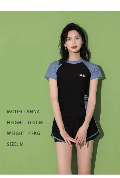 Fashion Women's Swimming Suit Ladies Patchwork Short Sleeve Swimwear 2023 Sports Pool Beachwear Two Piece Swimsuit With Shorts