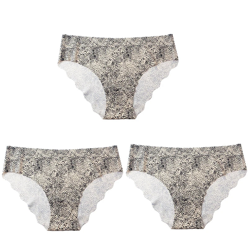 3pcs Women's Seamless Ice Silk Panties Female Mid Waist Plus Size Leopard Print Underwear Girls Fashion Brief Lady Comfort Panty