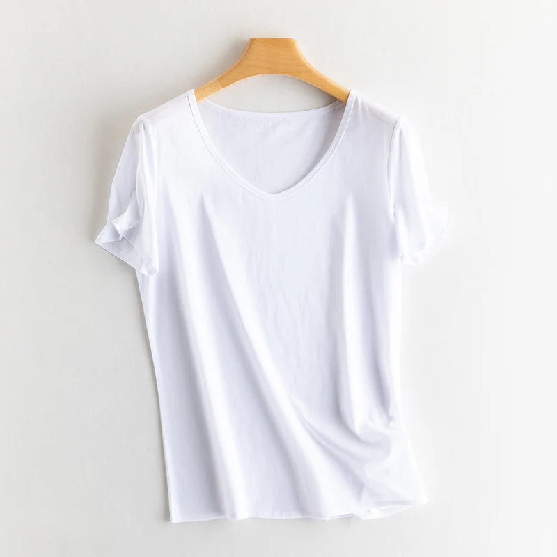 Women's V-Neck T-Shirt – Silk-Linen-Cotton Solid Summer Tee