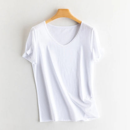 Women's V-Neck T-Shirt – Silk-Linen-Cotton Solid Summer Tee