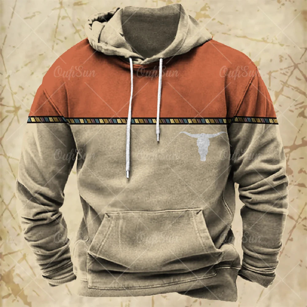 Men Hooded Vintage Print  Sweatshirt Ethnic Style Hoodie Autumn and Winter Oversized Casual Men's Clothing Daily Street Pullover