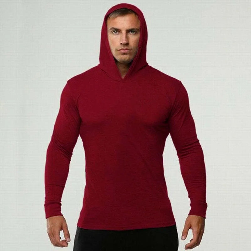 Solid Color Gym Clothing Long Sleeve Slim Fit Hooded T-Shirt Cotton Breathable Hoodie Mens Bodybuilding Fitness Muscle Sportwear