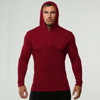Solid Color Gym Clothing Long Sleeve Slim Fit Hooded T-Shirt Cotton Breathable Hoodie Mens Bodybuilding Fitness Muscle Sportwear