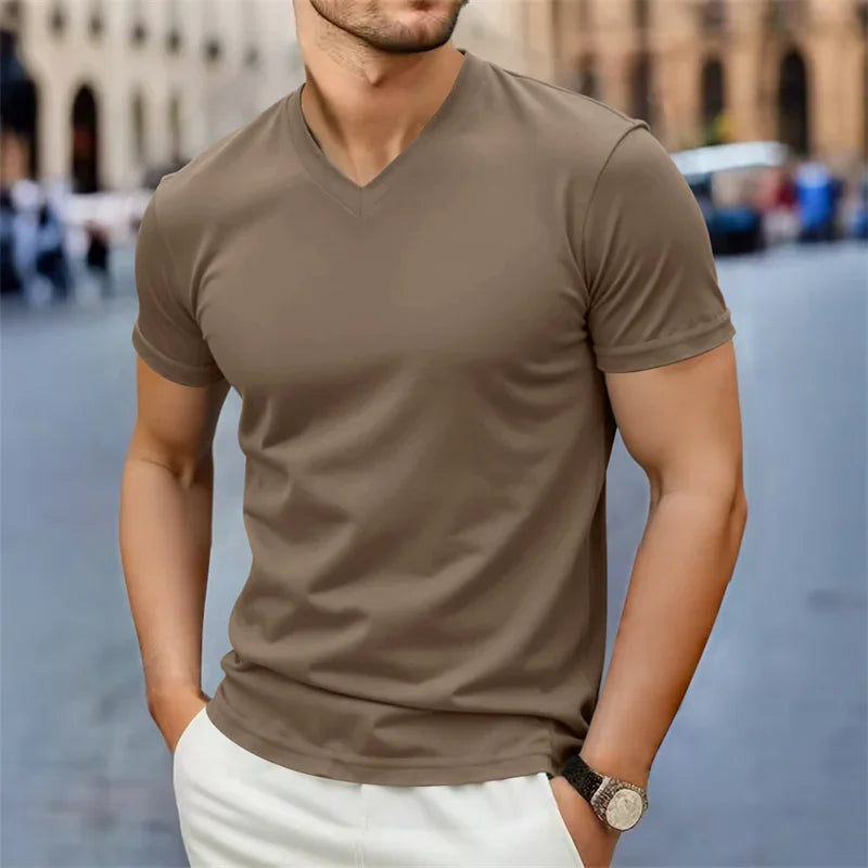 Men's V-Neck T-Shirt - Casual Summer Breathable Short Sleeve Tee, Lightweight Top