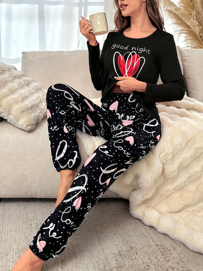 Spring Summer Autumn Winter Women's Round-neck Pullover with Heart Pattern Long-Sleeved Pants for Casual Homewear Set of 2 Piece