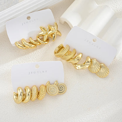 18-Piece Ocean Earring Set – Gold Starfish, Shell & Conch Hoops