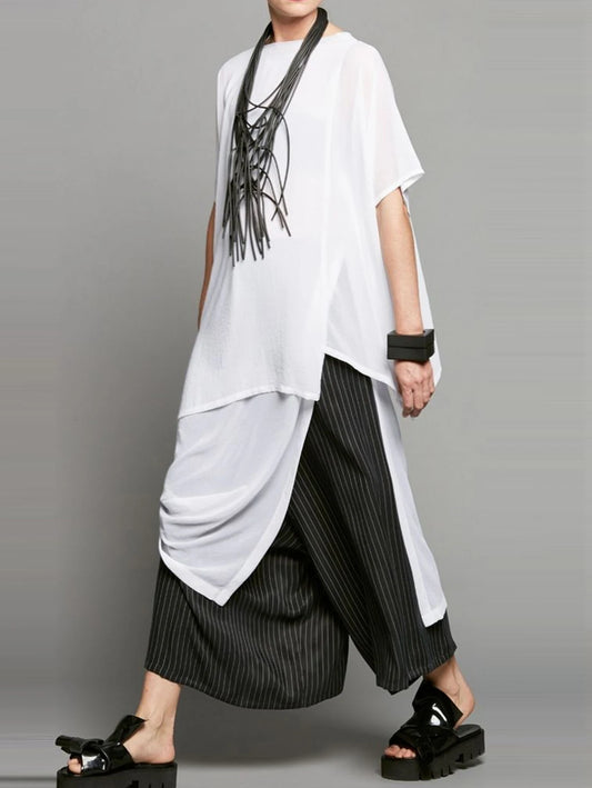 Plus Size Shirt - Women's Casual Round Neck Top with Asymmetric Slit Hem