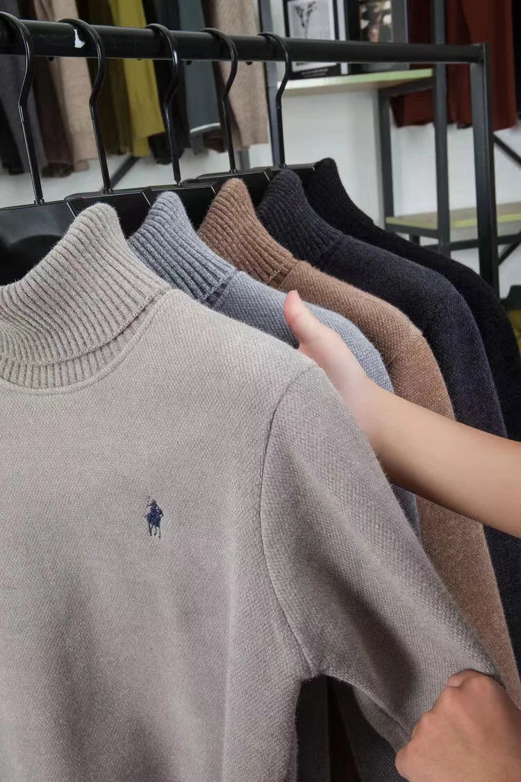 High end brand velvet sweater men's new fashion designer exquisite pony embroidery winter thick warm high neck knitted pullover