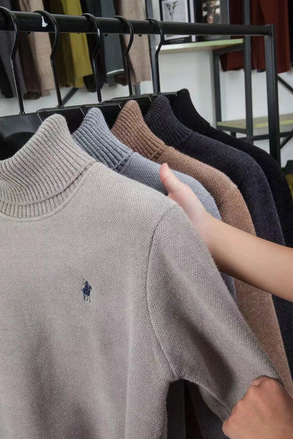 High end brand velvet sweater men's new fashion designer exquisite pony embroidery winter thick warm high neck knitted pullover