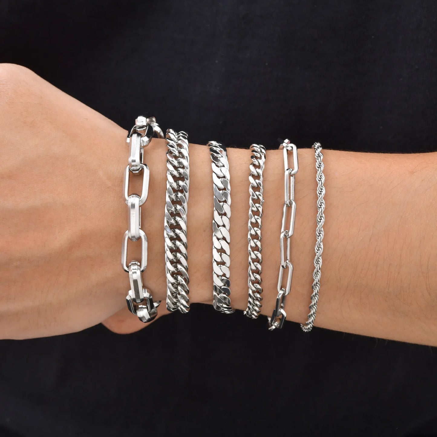 Punk Silver Color Men's Chain Bracelets,Hiphop Stainless Steel Braided Link Wristband,Classic Metal Jewelry Gift for Him Dad