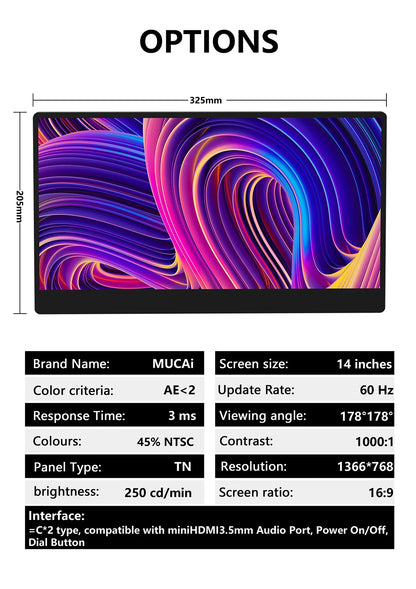 Portable Monitor 14 Inch - MUCAI N140-S36 TN Panel, 60Hz, 3ms Response, Built-In Speakers