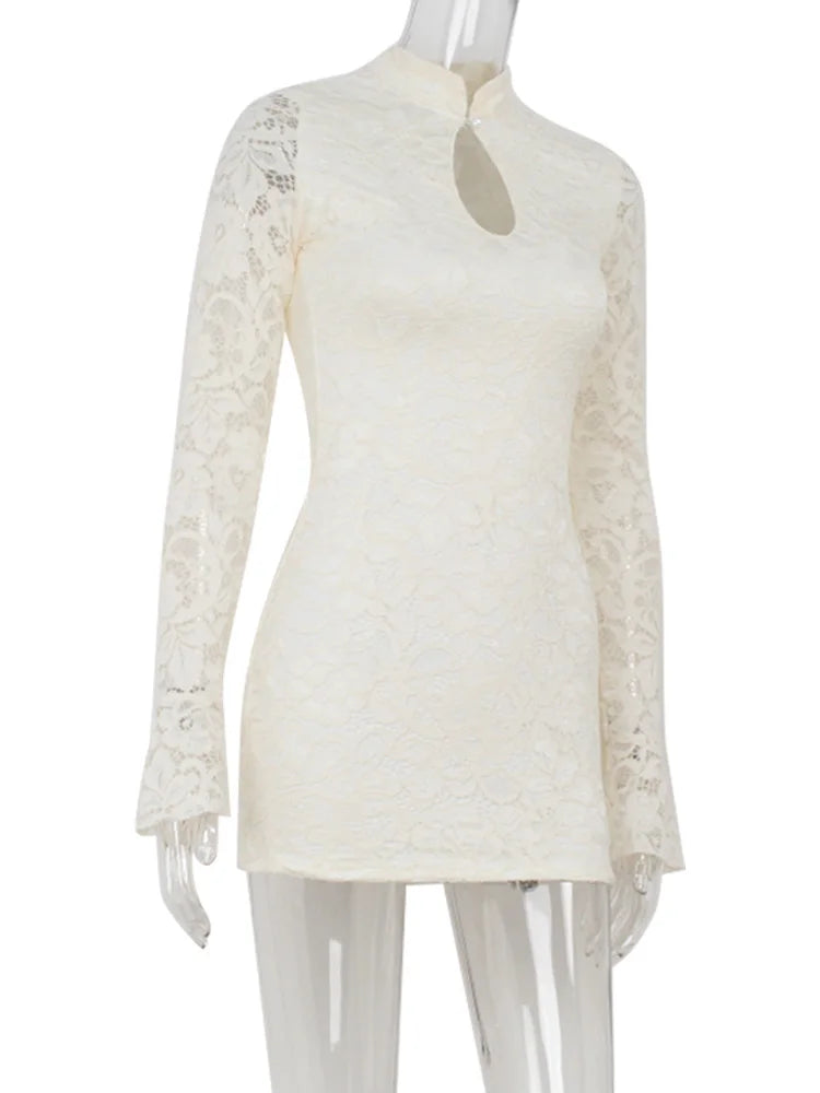 Sexy Lace Mini Dress - Women's Sheath Bodycon Above Knee Dress With Long Flare Sleeves