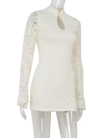 Sexy Lace Mini Dress - Women's Sheath Bodycon Above Knee Dress With Long Flare Sleeves
