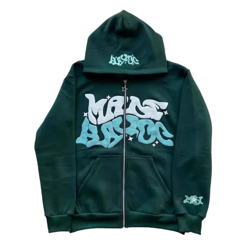 New trendy retro American letter-zippered hooded sweatshirt, unisex millennium-style jacket for autumn and winter