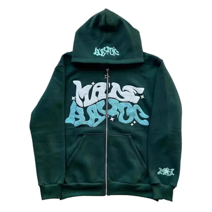New trendy retro American letter-zippered hooded sweatshirt, unisex millennium-style jacket for autumn and winter