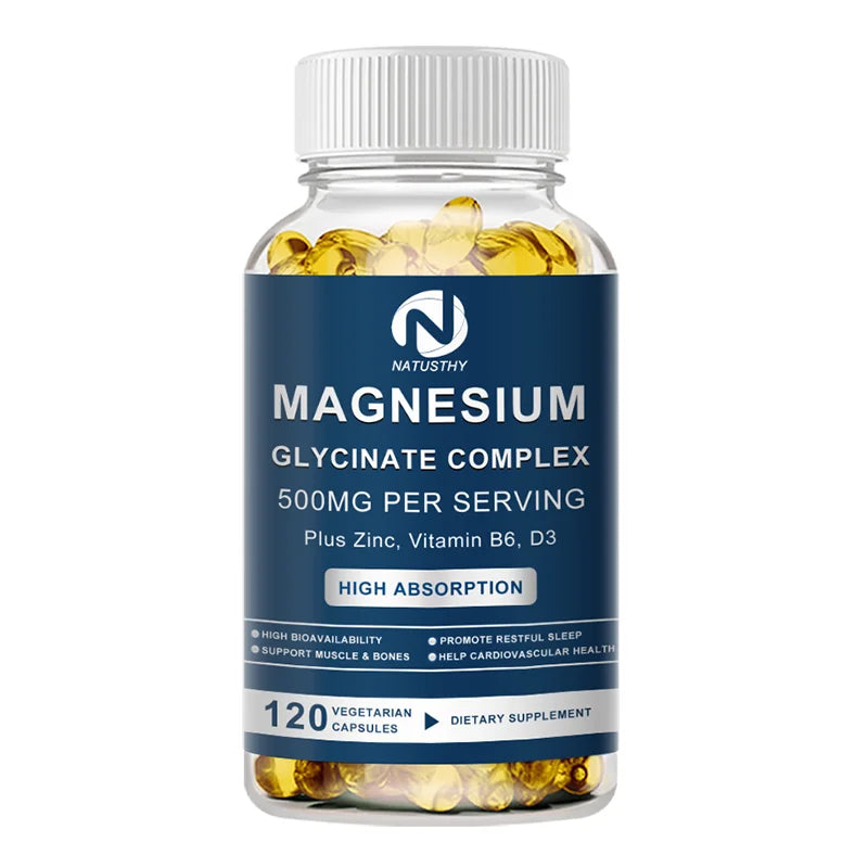 Magnesium Glycinate Supplement 500mg & Zinc, Vitamin D3 B6 High Absorption Support for Women & Men Mineral Vegan Capsules