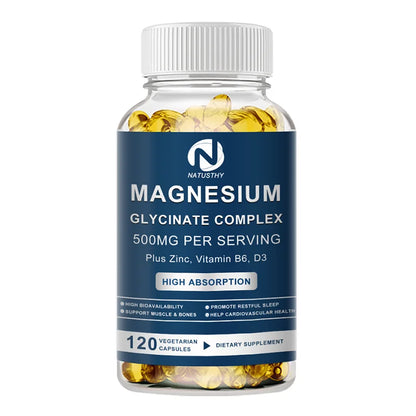 Magnesium Glycinate Supplement 500mg & Zinc, Vitamin D3 B6 High Absorption Support for Women & Men Mineral Vegan Capsules
