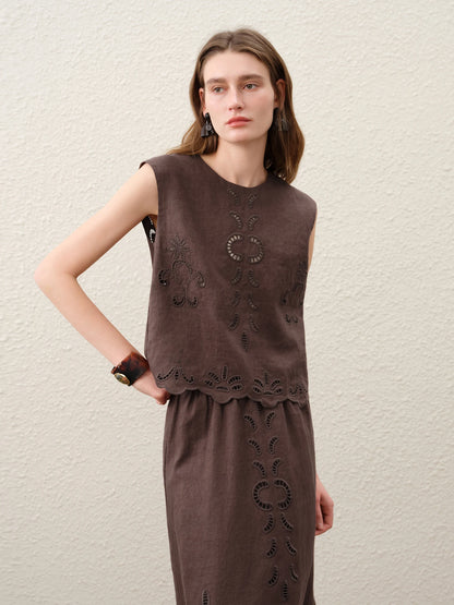 FSLE【Premium Series】Summer Women Linen Two Piece Set Cut-Out Embroidered Sleeveless Top Midi Skirt Boho Beach Vacation Style