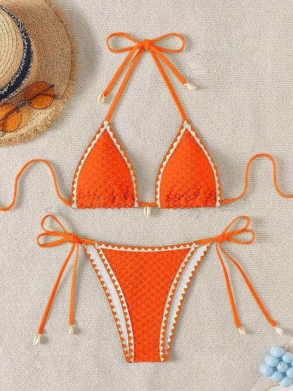 Halter Bikini Set - Wrinkled Weave Polyester Swimwear With Push Up Support