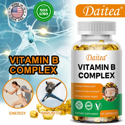 Daitea Compound VitaminB Capsules VB B1 B2 B3 B5 B6 B7 B9 B12 Better Mood Assists Nervous System &Energy Support Supplement