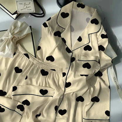 Women's Spring and Summer Light Luxury High Value Love Love Ice Silk Cool Feeling Pajamas Female Long-Sleeved Two-Piece Homewear