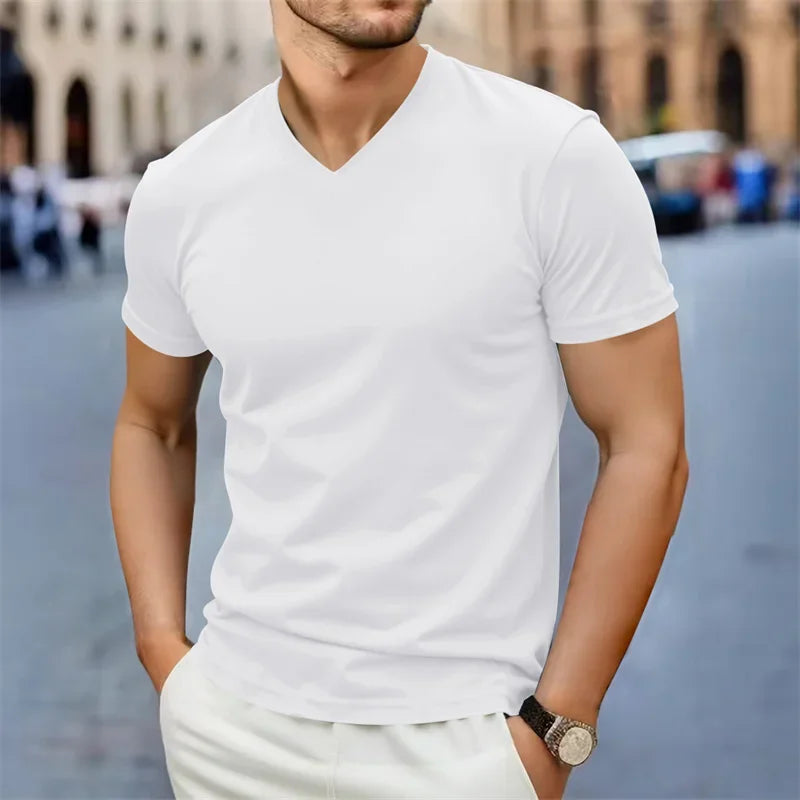 Men's V-Neck T-Shirt - Casual Summer Breathable Short Sleeve Tee, Lightweight Top