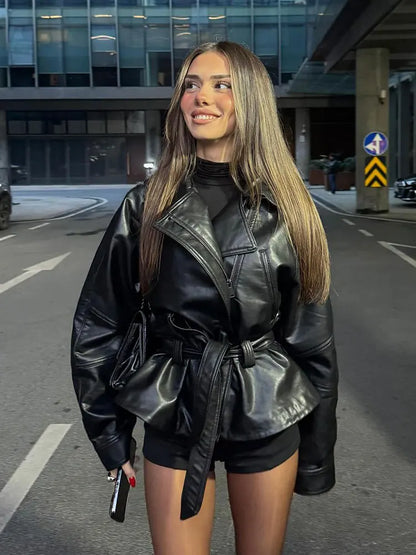 Faux Leather Trench Coat - Women's Black Belted Lapel Jacket With Zipper Closure