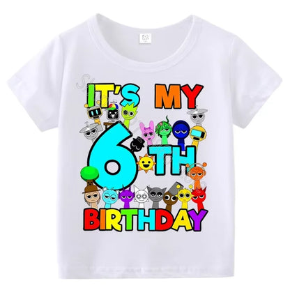 Kids Birthday Cute Cartoon Characters Graphic T-Shirt, Soft Cotton Crew Neck Tee, Casual Party Wear for Boys & Girlsdf0019
