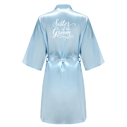 Light Blue Women's Satin Robe Short Kimono for Bride & Bridesmaid With White Letter, Wedding Party Robes