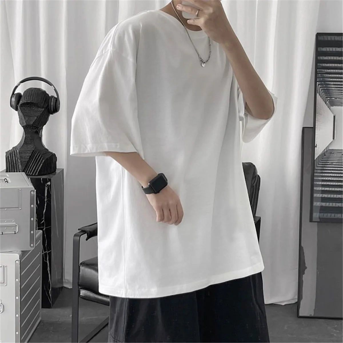Cotton Summer Fashion Men's T Shirt Casual Solid Short Sleeve Classical Tee Mens 100% Cotton Korean Hip-Hop Top Tees Black White