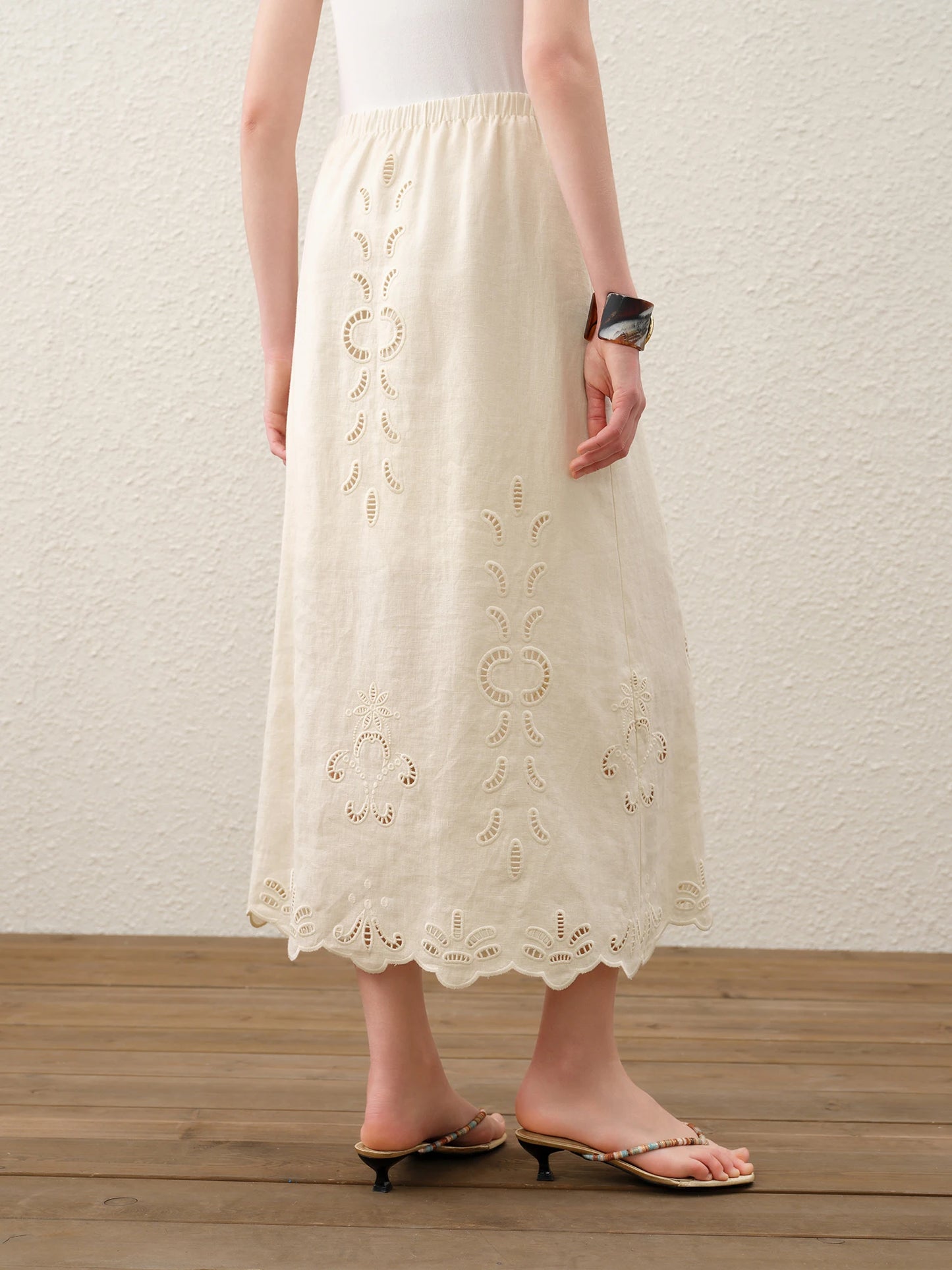 FSLE【Premium Series】Summer Women Linen Two Piece Set Cut-Out Embroidered Sleeveless Top Midi Skirt Boho Beach Vacation Style