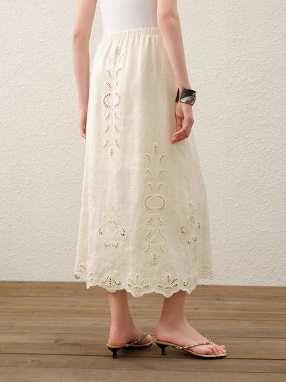 FSLE【Premium Series】Summer Women Linen Two Piece Set Cut-Out Embroidered Sleeveless Top Midi Skirt Boho Beach Vacation Style